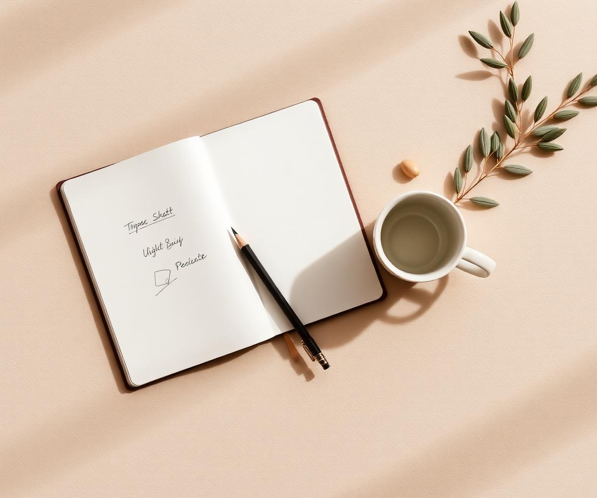 Notitieboek met schetsen, potlood en olijftak op een warm beige oppervlak