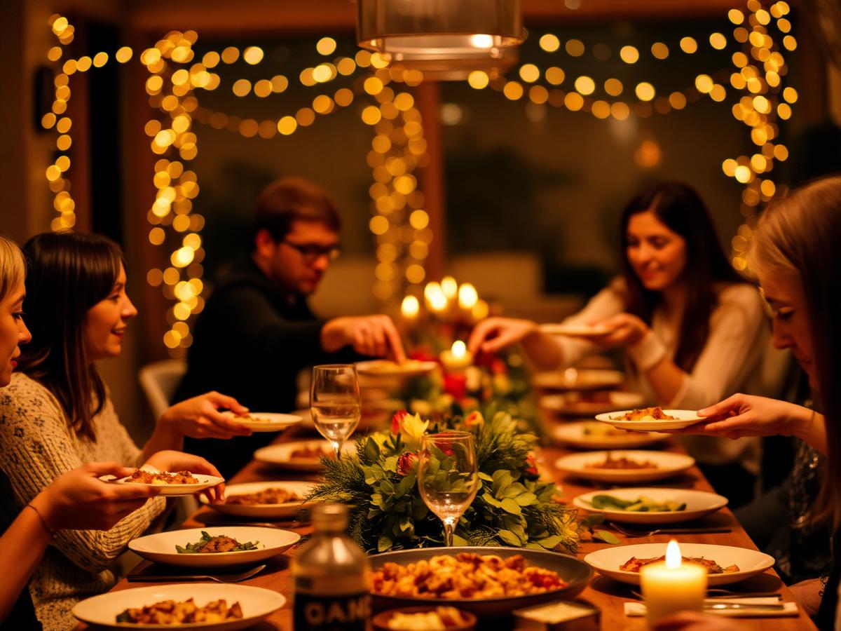 Vrienden delen gerechten aan een lange tafel met warme sfeerverlichting