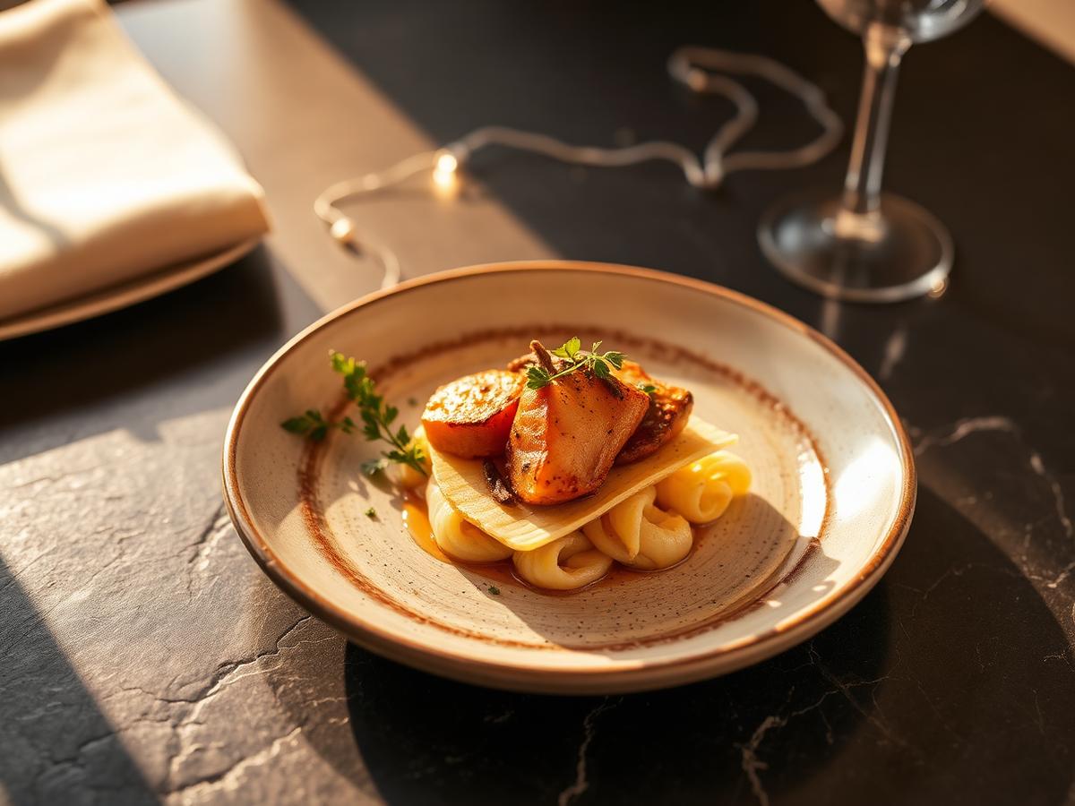 Elegant opgemaakt gerecht op een keramisch bord in warm licht