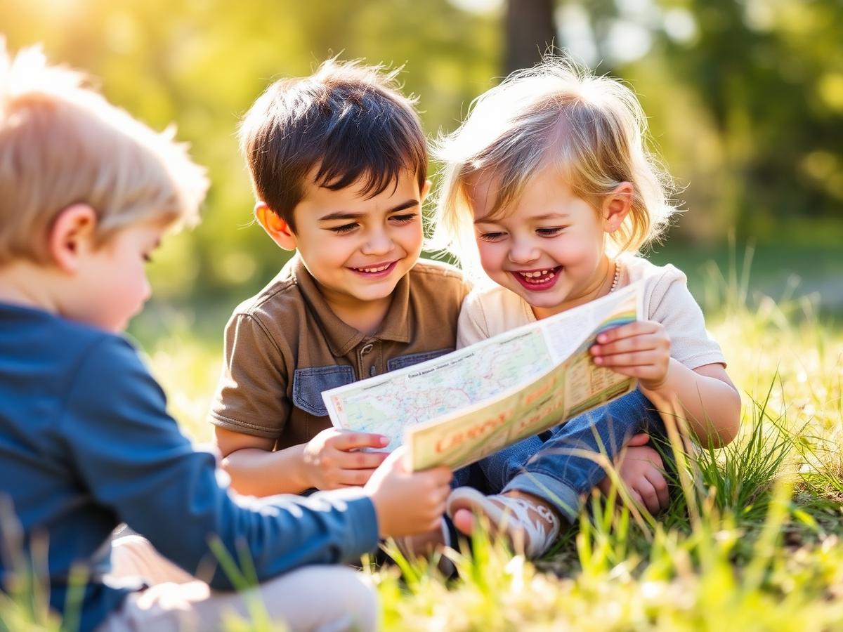 Kinderen bekijken samen een kaart tijdens een buitenopdracht