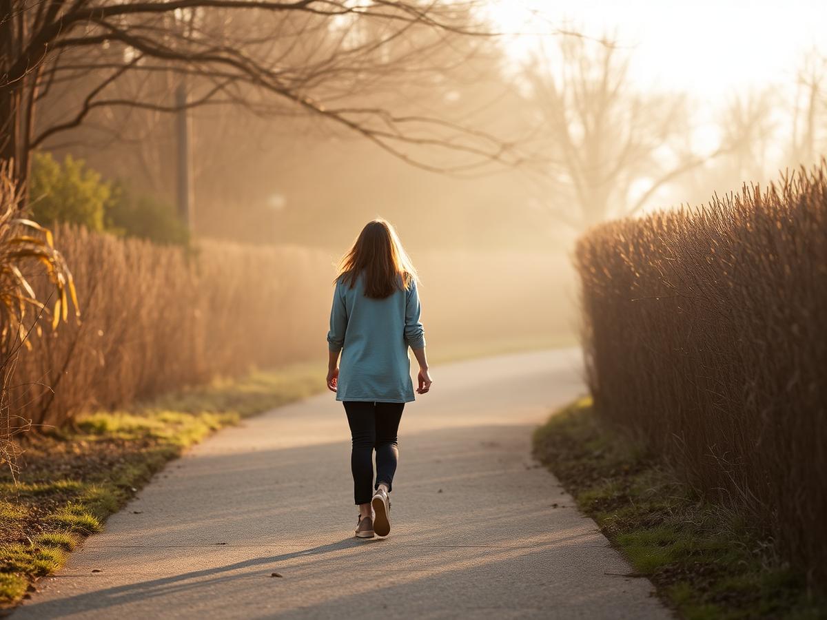 Vrouw wandelt in het ochtendlicht op een rustig pad